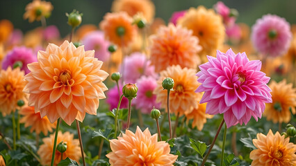 Colorful Dahlia Mix Blooms with Raindrops in Rustic Garden – Sunny Background Banner
