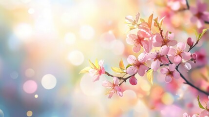 Spring greetings card with colorful cherry blossom branches in sunlight and blurred background