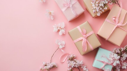 Stylish gift boxes and decorations for Mother's Day on pink background