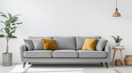 Stylish living room with grey sofa and pillows near white wall. Text space available.