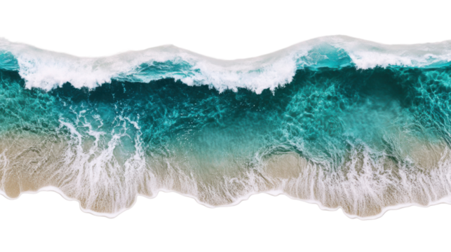 Turquoise ocean wave breaking on white sand beach with transparent background