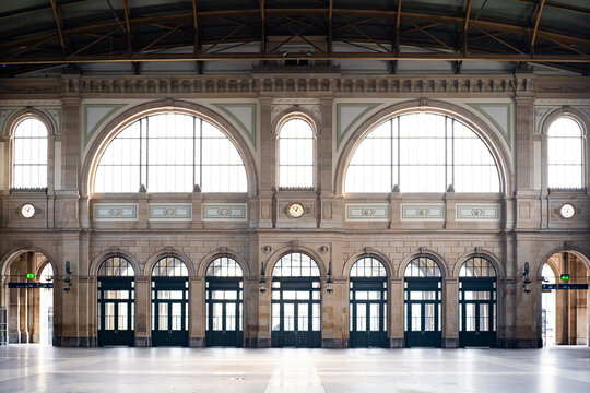 Zurich international main train station. Interior atrium hall view,beautiful architecture, large arches, natural daylight, wide angle, no people