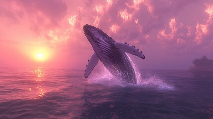 Fototapeta premium Humpback Whale Jumps Ocean Sunset