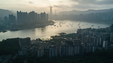 Obraz premium A hazy cityscape features buildings and a body of water