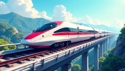 Fototapeta premium Illustration of futuristic high-speed bullet trains on elevated railway, modern, transportation, high-speed