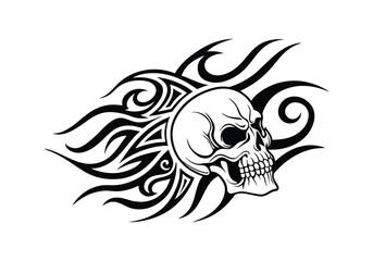 Tribal Skull Tattoo Design – Black and White Vector Illustration with Bold Tribal Patterns
