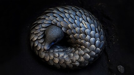 Mesmerizing pangolin curled up into a perfect armored ball its textured scales gleaming in the moonlight