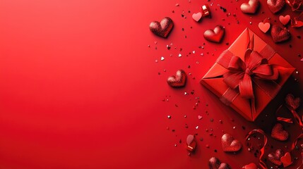 Valentine's Day Banner Featuring Gift Box and Hearts on Red Background
