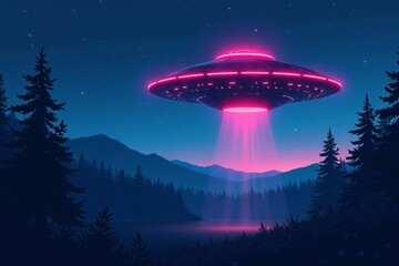 Illustration of UFO spaceship hovering over a forest at night with bright lights, mysterious, extraterrestrial