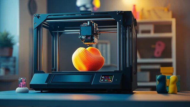 A 3D printer creating a vibrant orange object in a modern workspace with colorful decorative items