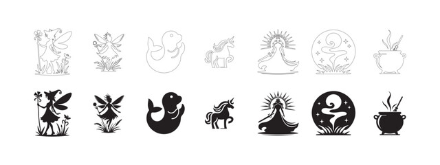 Naklejka premium Scottish Mythology and Folklore Icons Set. Editable minimalist and outline vector icons. 