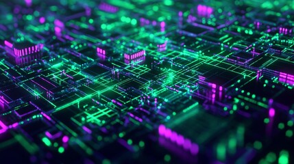 Abstract futuristic digital cityscape in shades of neon green and deep purple, glowing geometric circuits, cyberpunk data flow, interconnected matrix of light and motion, dynamic energy,