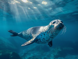 Fototapeta premium Mesmerizing close up of seal swimming through endless ocean fur pattern blending shifting blue of water Sunlight stream through above illuminating detail of sleek powerful form move effortlessly