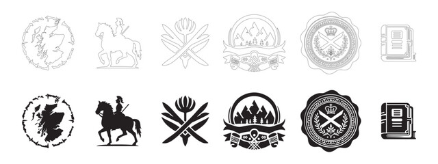 Scottish Clans and Symbols Icons Set. Editable minimalist and outline vector icons. 