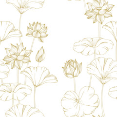 Lotus gold flowers, seed pod and leaves seamless pattern. Vector illustration hand drawn and isolated on white background. Template for label and textile design