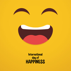 A minimalistic and cheerful illustration for the International Day of Happiness, featuring a large, joyful emoji face with a bright yellow background.