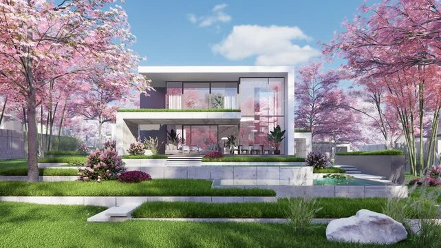 4K video rendering of flat roof house with parking and pool for sale or rent with concrete facade and beautiful landscaping. Fresh spring day with a blooming trees with flowers of sakura
