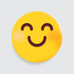 A 3D yellow emoji with a cute, blushing, and content smile. Its eyes are curved upwards, giving a soft and happy expression. The emoji has a smooth