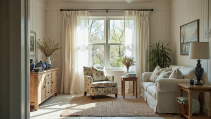 Fototapeta premium A cozy living room with a window, furnished with a sofa, armchair, side tables, and decorative items.