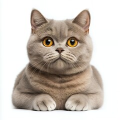 Portrait of a Gray Cat with Bright Yellow Eyes Against a White Background