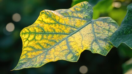 Yellow vein pattern on large taro leaf in morning sun