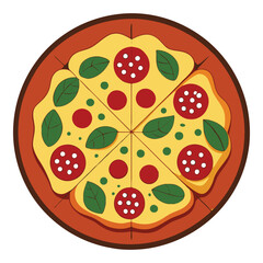 Vector illustration of a delicious pizza with salami, cheese, and vegetables, perfect for a tasty meal at an Italian pizzeria
