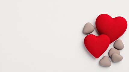 Red and Gray Textile Hearts on White Background Romantic Valentine's Day Concept