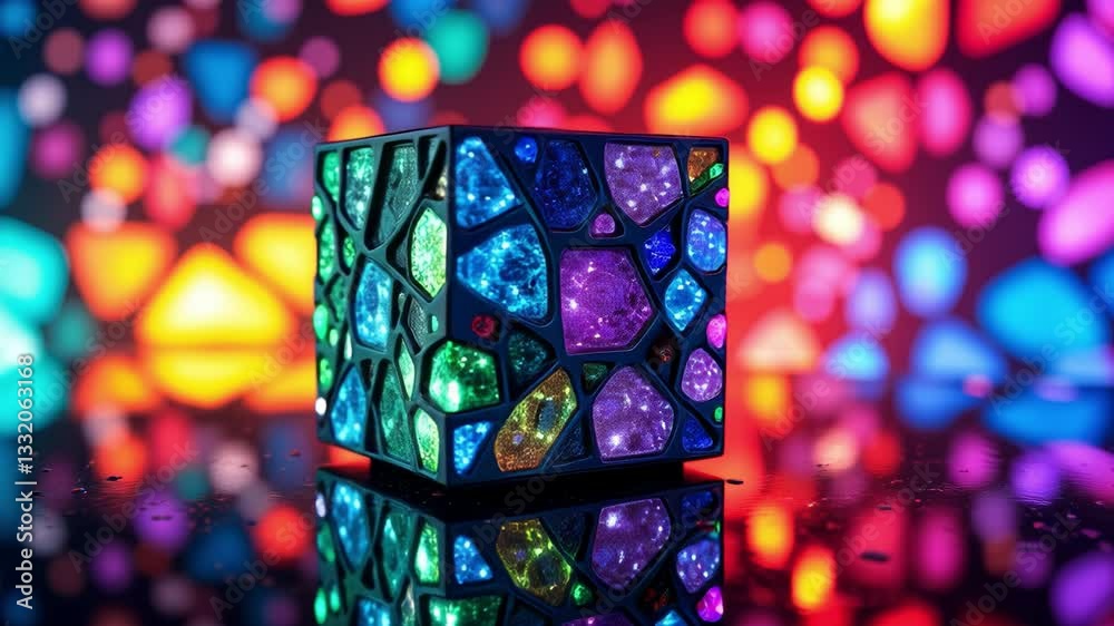 Aufkleber Colorful geometric cube with intricate patterns and reflections on a vibrant background showcasing light effects and dynamic energy in an abstract artistic composition