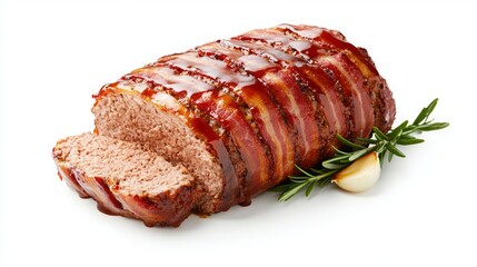 Food diversity international cultural. A deliciously glazed meatloaf with a slice cut out, garnished with garlic and rosemary, showcasing appetizing textures.