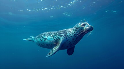 Majestic grey seal intricate spotted pattern gracefully swim through deep blue ocean illuminated natural sunlight filtering above serene underwater scene capture seal streamlined body gliding