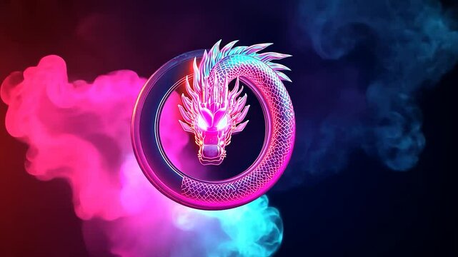 Neon Dragon Circle, Smoke Background, Digital Art, Logo