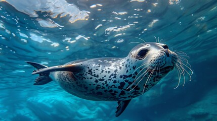 Majestic grey seal intricate spotted pattern gracefully swim through deep blue ocean illuminated natural sunlight filtering above serene underwater scene capture seal streamlined body gliding