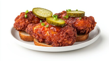 Food diversity international cultural. Crispy fried chicken pieces topped with pickles and green onions, served on slices of bread, creating a delicious and comforting dish.