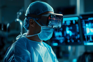 Asian male surgeon using vr technology in operating room