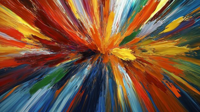 An artistic interpretation of an explosion of colorful paintbrush strokes bursting outward from a central focal point. 