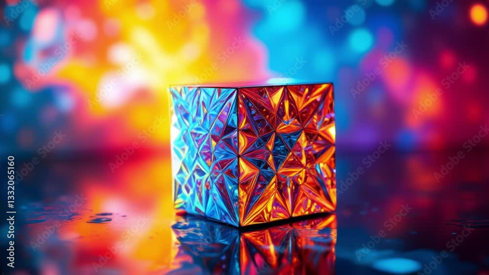 Fototapete Colorful geometric cube with intricate patterns and reflections on a vibrant background showcasing light effects and dynamic energy in an abstract artistic composition