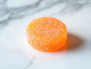 Single orange sugar-coated gummy candy on marble surface