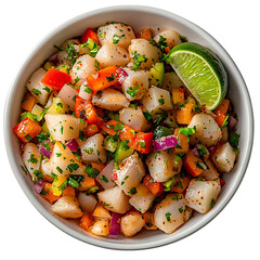 A Bowl of Shrimp and Vegetable Salad with Lime Wedge Isolated on Transparent Background