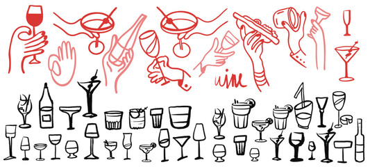 Isolated vector set of wine and alcoholic beverage glasses and tumblers. Hands. Hand drawn sketch.Red and black drawing on white background.Cocktails, martini, whiskey, cognac, vodka, gin tonic, beer