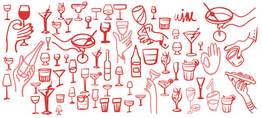 Isolated vector set of wine and alcoholic beverage glasses and tumblers. Hands. Hand drawn sketch.Red and black drawing on white background.Cocktails, martini, whiskey, cognac, vodka, gin tonic, beer