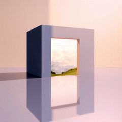 surreal portal within a floating cube reveals a distant mountainous landscape bathed in sunlight. A gateway to the unknown