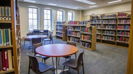 A well lit library containing bookshelves and tables and chairs