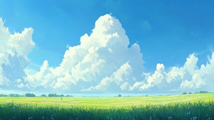 Vast green field under a bright blue sky with large fluffy clouds