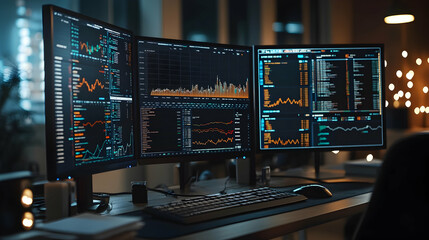Triple computer screen setup displaying financial data and stock market analysis