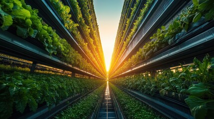 Vertical farm with rows of plants at sunset.