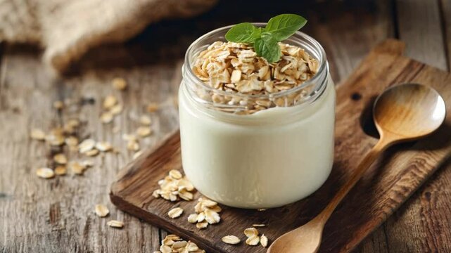 A jar of creamy yogurt topped with rolled oats and mint leaves on a rustic wooden table with scattered oats