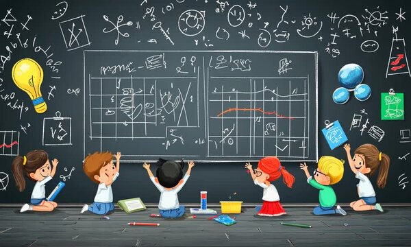 Children raising hands in classroom with chalkboard background depicting math and science formulas