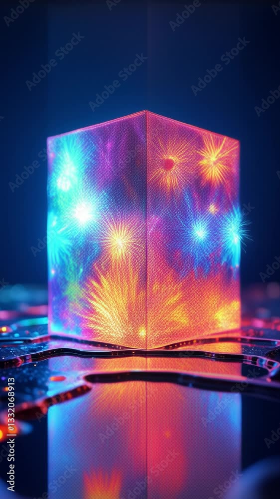 Poster Colorful geometric cube with intricate patterns and reflections on a vibrant background showcasing light effects and dynamic energy in an abstract artistic composition