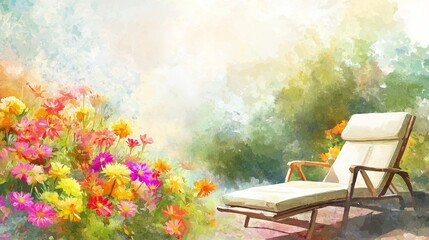 Cozy countryside home, vibrant flowers, elegant lounge chair, peaceful retreat, soft watercolor