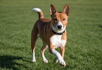 basenji dog running in the park of a city, urban citylife